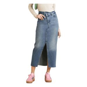 Reformation Nila Denim Midi Skirt Blue Medium Wash Asymmetric Distressed Hem 27